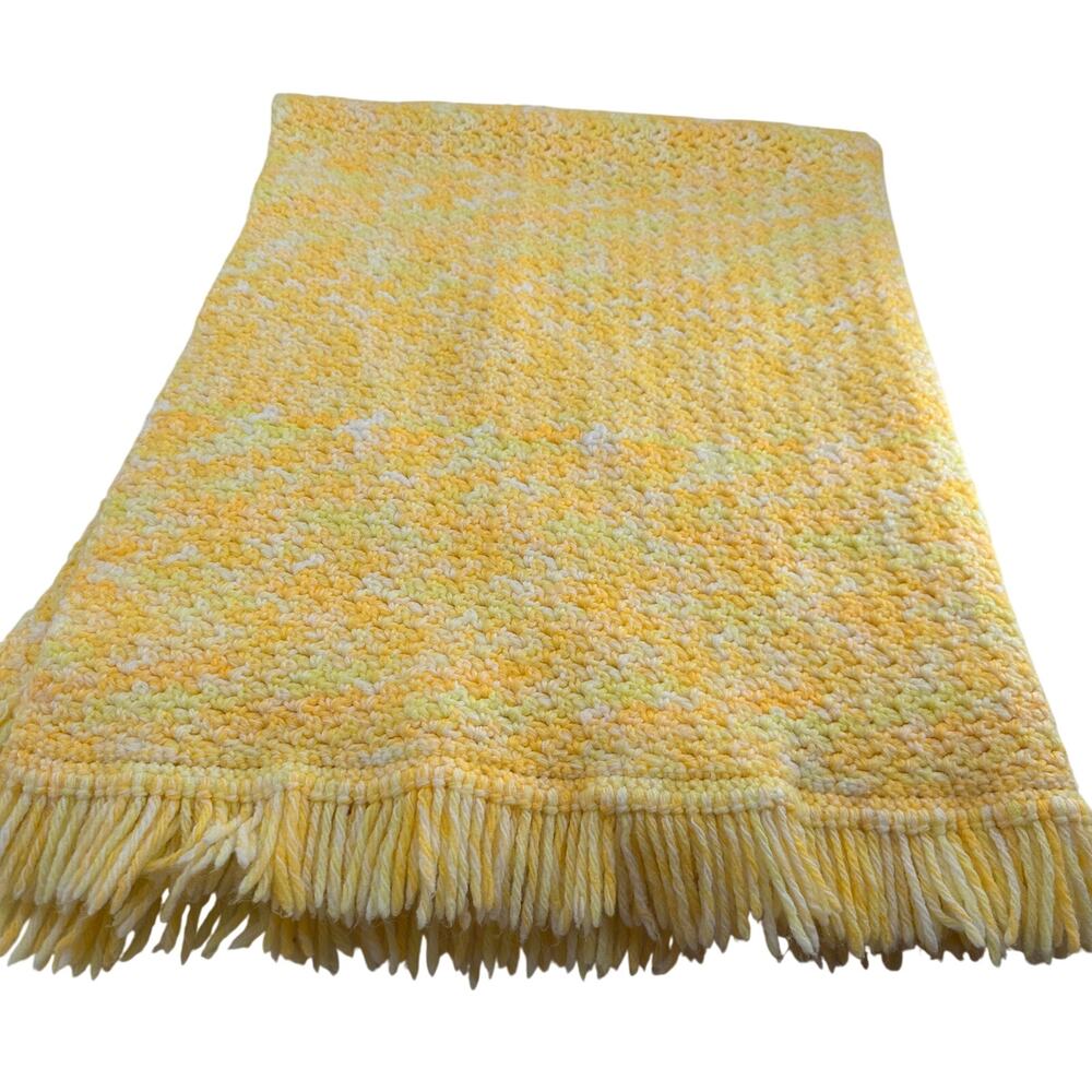 Vintage Crochet Throw Blanket Fringe Cottagecore Yellow Orange White Handmade
